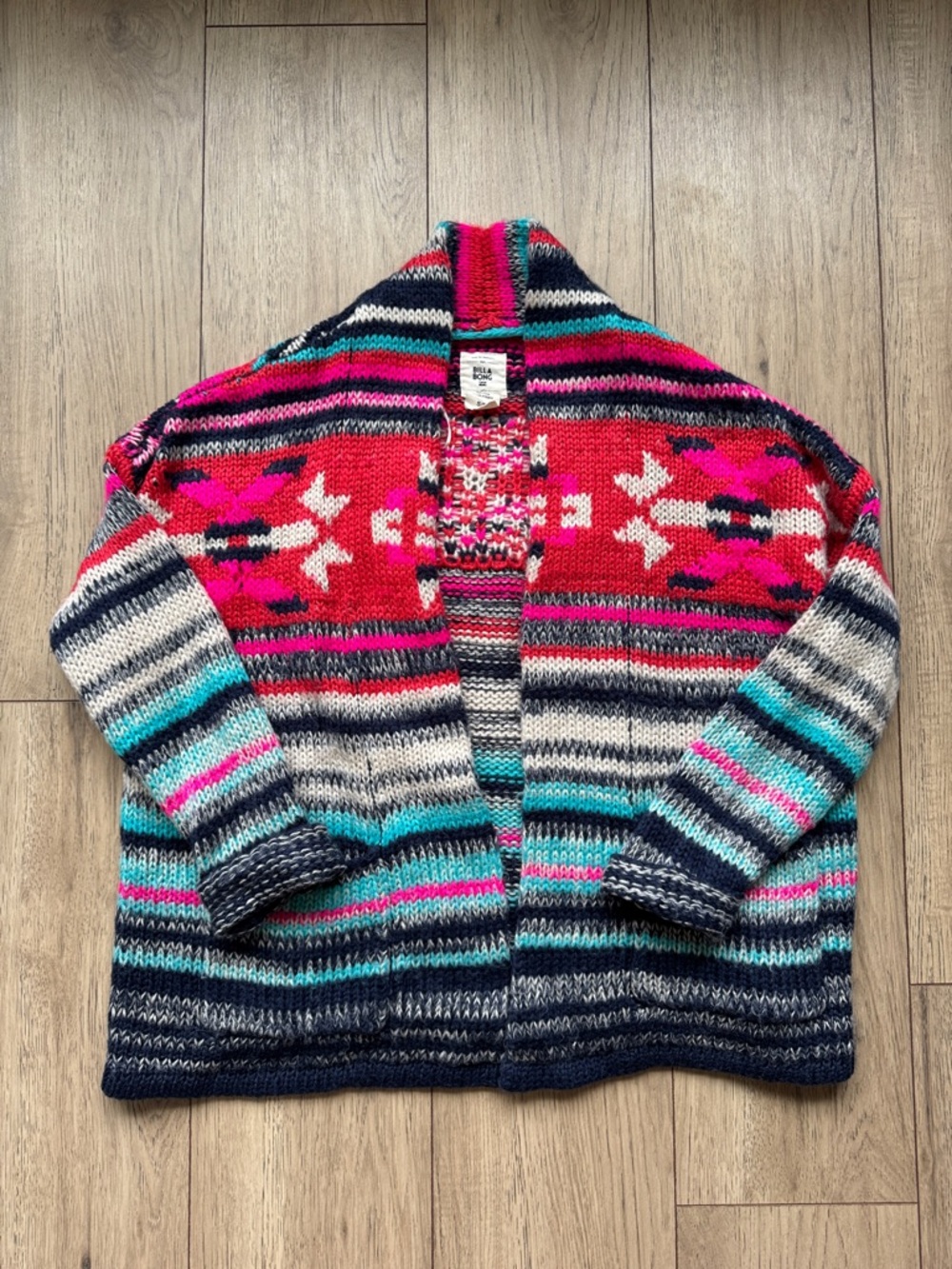 Billabong Southwestern Cardigan Women’s Small Chunky Pink Knit Aztec Open Front